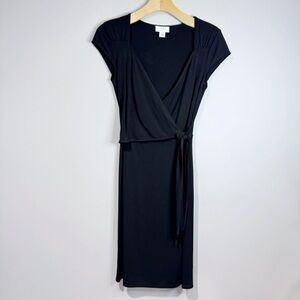 LOFT Size 2 Black Knee Length Wrap Dress Cap Sleeves Career Elevated Basics